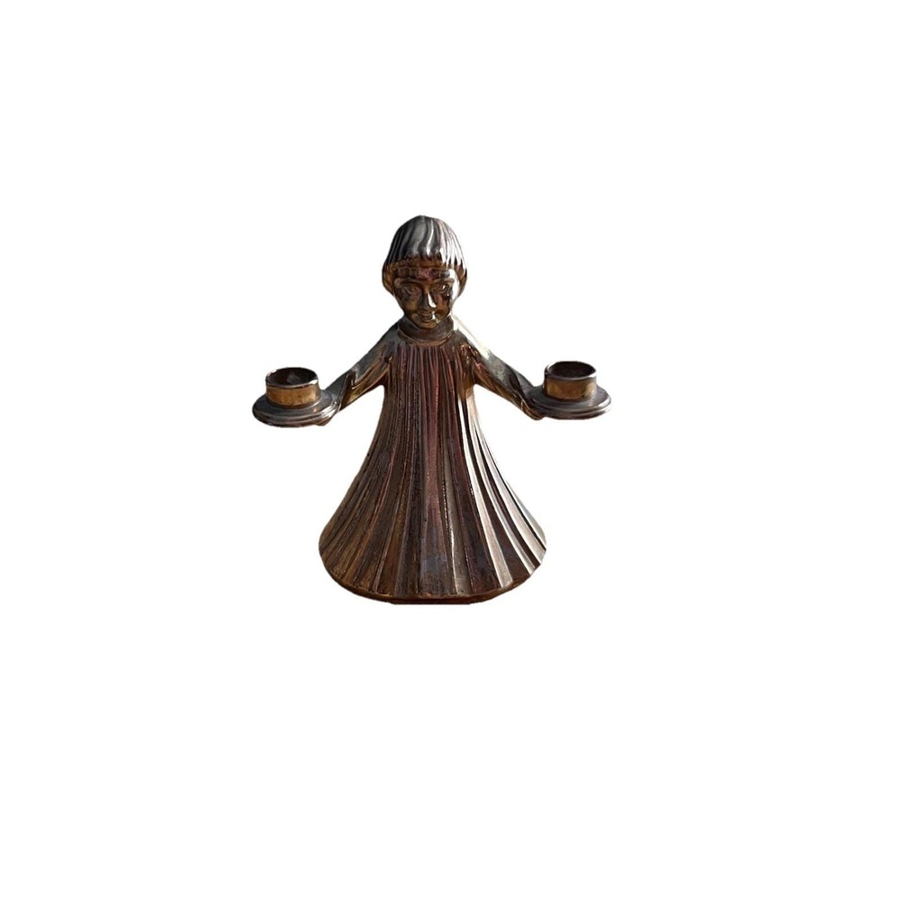 Vtg Italy Brass Choir Boy Girl Candle Holder Figurine Mid Century Religious 3.5"
